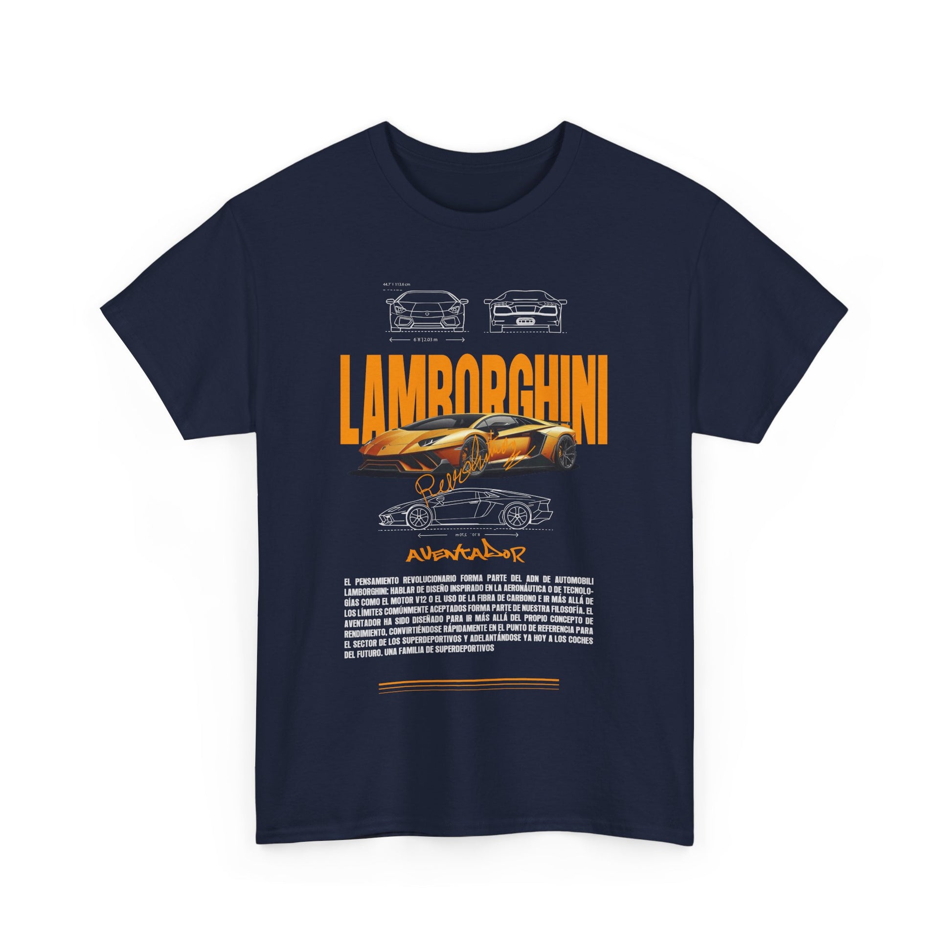 Front view of navy Lamborghini Aventador graphic t-shirt for men, elegantly displaying iconic car illustrations and bold typography, embodying automotive luxury.