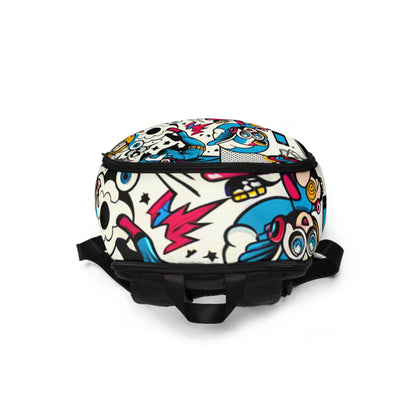 Model carrying Urban Essence Pop Art Mosaic Backpack by Dazzling Dreams Studio in an urban setting, embodying a trendy and sophisticated aesthetic for casual outings.