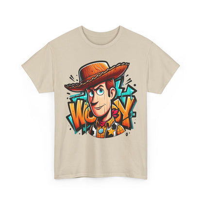 Front view of Woody Graffiti Style Unisex Graphic Tee - Vibrant Urban Art Inspired by Toy Story, displaying a vibrant graphic of Woody with artistic flair.