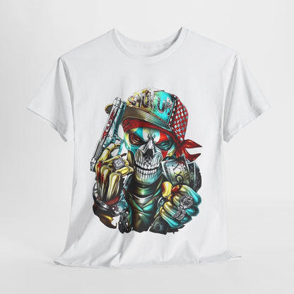 Luxurious men's t-shirt featuring a dramatic stylized skull graphic with vibrant colours, embellished with a bandana and baseball cap, perfect for a bold streetwear statement.