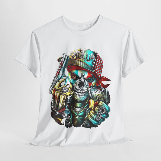 MEN'S FUNNY T-SHIRT WITH STYLIZED SKULL, BANDANA, AND GANGSTA GRAPHIC DESIGN