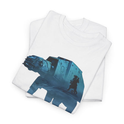 Elegant Star Wars AT-ST vs Tauntaun graphic tee, displaying a creative design that captures the essence of sci-fi battles in soothing blue hues, suitable for all genders.