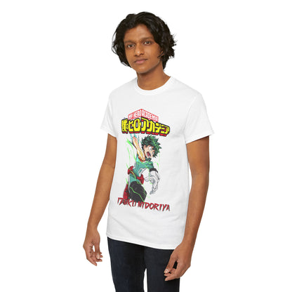 Elegant Izuku Midoriya graphic t-shirt in pristine white, embodying the essence of My Hero Academia with intricate details and bold colours.