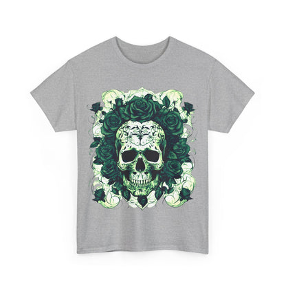 Skulls and Roses Cotton Tee in vibrant green design, showcasing intricate skull and rose artwork on grey background, perfect for edgy fashion enthusiasts.