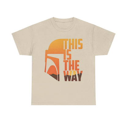 Discover the elegance of the Mandalorian Star Wars 'This is the Way' Logo Graphic Unisex Tee Shirt in a soft beige hue, showcasing a contemporary design that celebrates the iconic franchise in luxurious fashion.