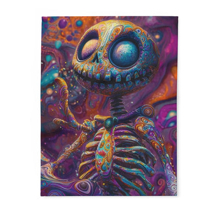 Decorative and Warm Halloween Skellington Spooky Arctic Fleece Blanket featuring an artistic skeleton design in vibrant colours, perfect for adding a luxurious touch to your Halloween decor.