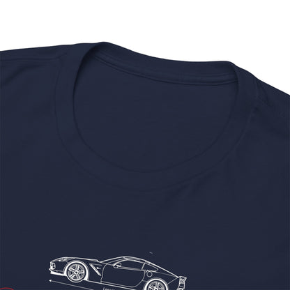 Close-up view of the collar of a navy blue Chevrolet Corvette C6 T-shirt, emphasizing the quality craftsmanship and soft materials used in the design.
