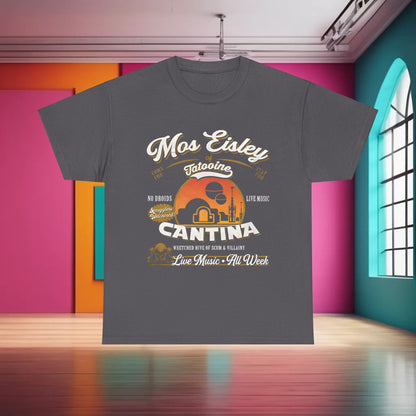 Star Wars Mos Eisley Cantina Graphic T-Shirt in charcoal grey, elegantly designed with a unique graphic that resonates with fans of the franchise.