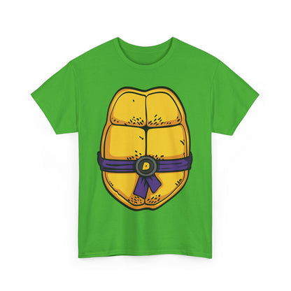 Stylish unisex graphic t-shirt showcasing Donatello's vibrant yellow turtle shell and elegant purple sash, ideal for those embracing a chic, adventurous wardrobe.