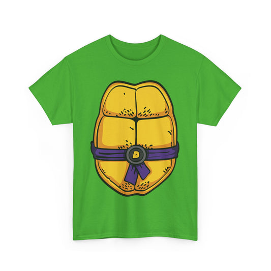 Stylish unisex graphic t-shirt showcasing Donatello's vibrant yellow turtle shell and elegant purple sash, ideal for those embracing a chic, adventurous wardrobe.