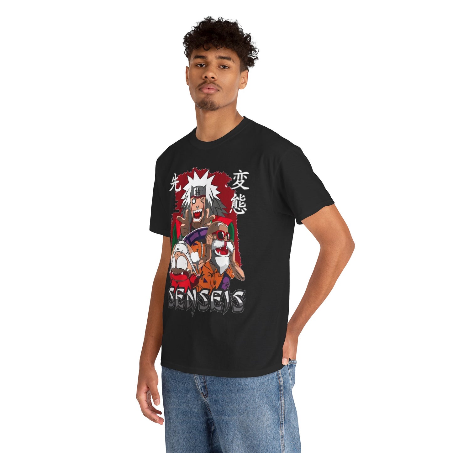 Stylishly designed black graphic t-shirt featuring dynamic anime characters, perfect for a trendy streetwear look.