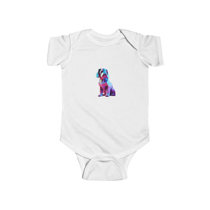 Puppy Bodysuit in white adorned with a cute geometric puppy illustration, a luxurious choice for baby clothing.