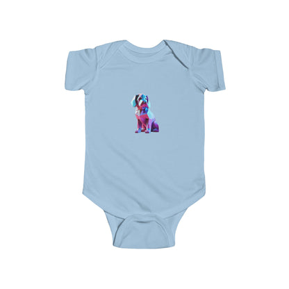 Puppy Bodysuit in light blue with an eye-catching geometric puppy design, perfect for little fashionistas.