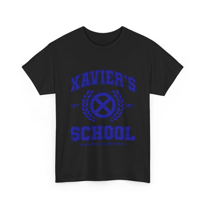 Front view of an elegant unisex tee shirt in black, featuring the vintage Xavier's School for Gifted Youngsters X-Men logo in a striking blue, ideal for stylish pop culture enthusiasts.