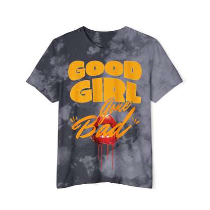 Stylish Good Girl Gone Bad cropped tee featuring bold orange-yellow lettering on a dark tie-dye background, accented with red lips graphic, perfect for playful and seductive fashion.