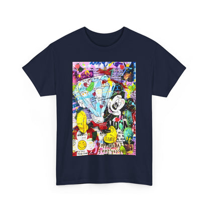 Front view of a fashionable navy blue unisex T-shirt with vibrant Mickey Mouse graffiti design, blending classic charm with modern art. A must-have statement piece.