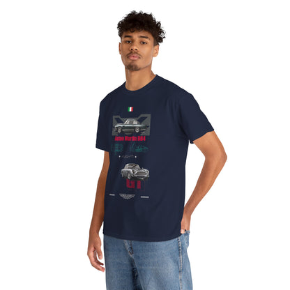 Elegantly styled navy men's t-shirt with the Aston Martin DB4 graphic modelled by a handsome man, embodying sophistication and automotive passion.