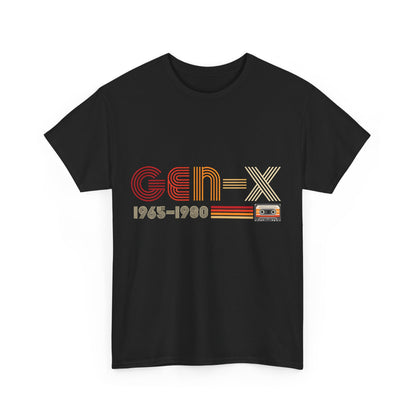 Gen X 1965 - 1980 Graphic T-Shirt in classic black, showcasing iconic retro typography and cassette imagery, a luxurious statement for vintage lovers.