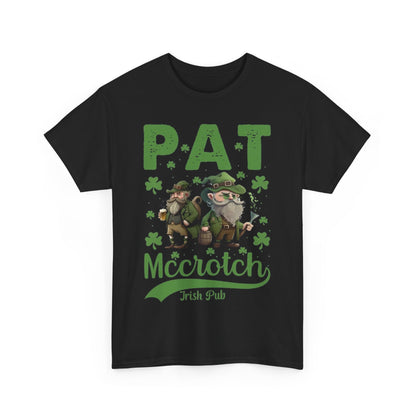 Stylish black t-shirt featuring the 'Funny St. Patrick’s Day T-Shirt - Pat McCrotch Irish Pub Graphic Tee for Men & Women' design, showcasing cartoon leprechauns, shamrocks, and festive lettering.