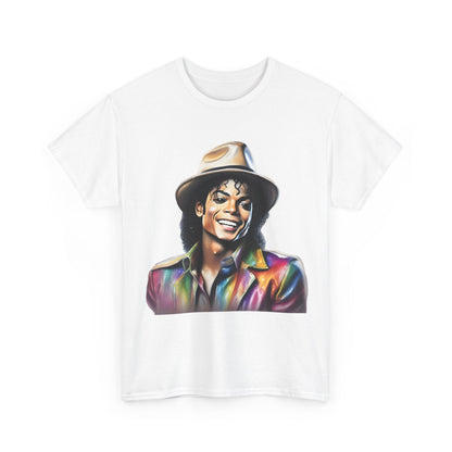 Luxurious Michael Jackson Portrait Graphic Unisex T-Shirt featuring a vibrant close-up of the King of Pop smiling, adorned in a multicoloured jacket and stylish fedora.
