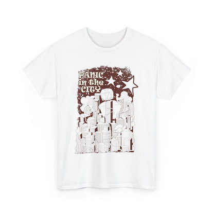 Stylish white tee featuring whimsical 'Panic in the City' illustration, perfect for fashionable individuals who embrace urban chaos.