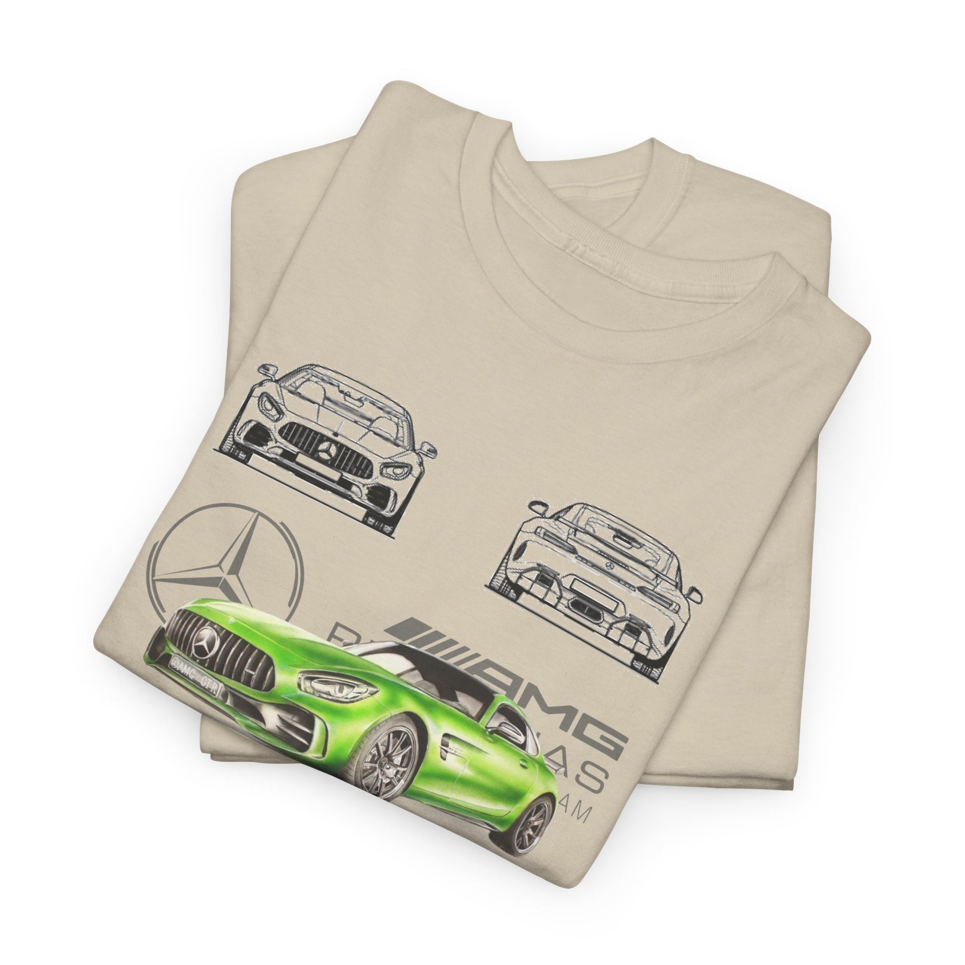Elegant folded men's t-shirts displaying striking designs of the Mercedes-AMG GT-R, highlighted with premium fabric and exceptional style.