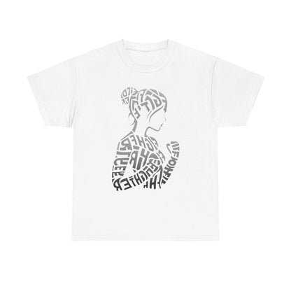 Fighter Girl Graphic Unisex T-Shirt - Artistic Typography Design featuring a striking word-art silhouette of a strong woman in a classic white fabric, perfect for empowered style.