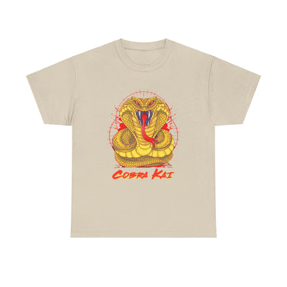 Luxurious Cobra Kai graphic T-shirt featuring a striking yellow cobra design on a beige fabric, perfect for a stylish and humorous take on martial arts apparel.