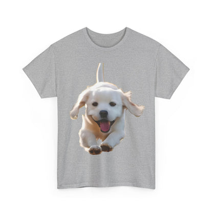 Front view of the Leaping Puppy Graphic T-Shirt, Urban Streetwear Top, Unisex Cotton featuring a striking leaping puppy graphic on a grey background.