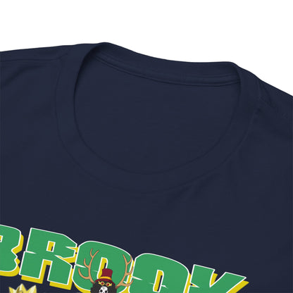 Close-up view of luxurious dark navy t-shirt collar, showcasing quality stitching and vibrant graphic of Brook's name emblazoned in eye-catching typography.