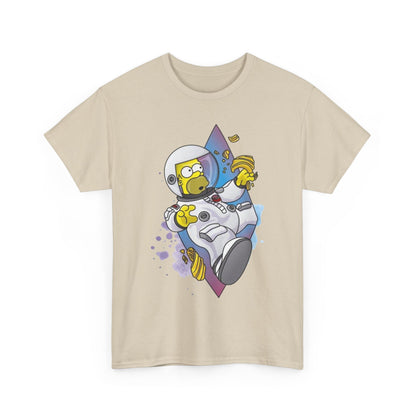 Luxury unisex t-shirt featuring a whimsical illustration of an animated character in an astronaut suit, joyfully floating in space while holding snacks, against a dreamy abstract background.