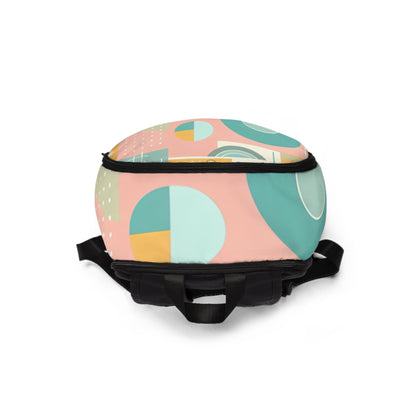 Sophisticated view from above of the Abstract Geometric Pastel Backpack from FitFusion PowerCore Studio, showcasing its unique design with intricate pastel geometric elements and luxurious finish.