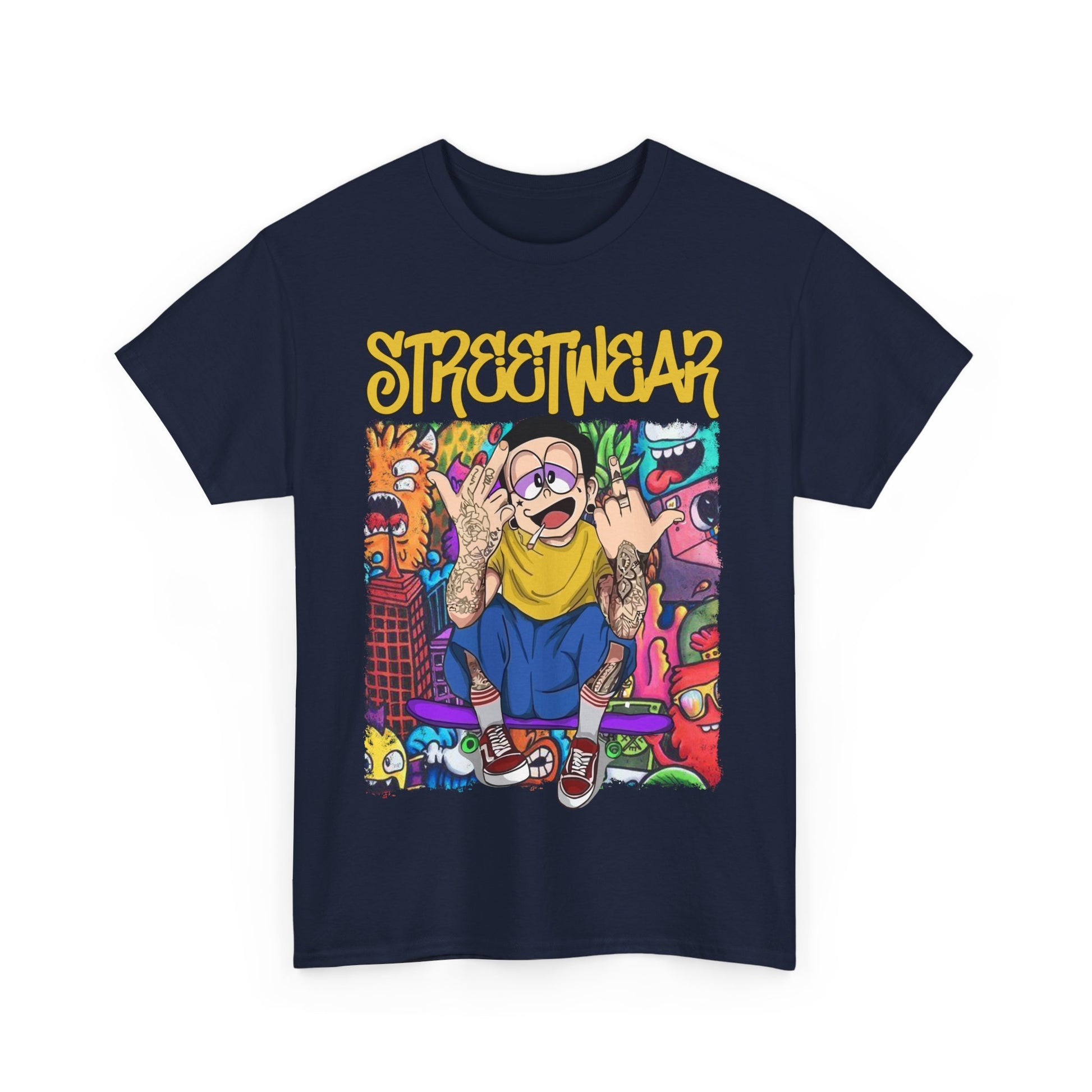 Front view of a navy blue t-shirt featuring a striking cartoon design and the word 'STREETWEAR', ideal for casual yet trendy outfits.