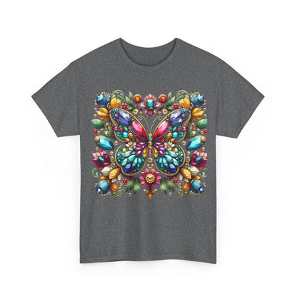 Front view of the Enchanting Butterfly Brooch Unisex T Shirt, adorned with a stunning butterfly graphic embellished with colourful gemstones.