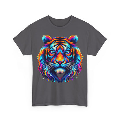 Front view of the stunning Tiger's Whimsy Graphic Tee - Unisex Vibrant Artistic T-Shirt featuring an intricate kaleidoscopic tiger design in vibrant colours on a stylish grey backdrop.