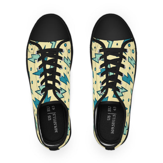 Top view of the Stylish Bolt Stride Men's Lowtop Sneakers featuring an artistic pop art design in cream and pale blue, designed for ultimate comfort and style.