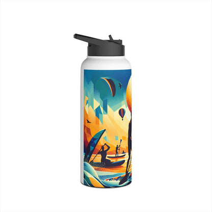 Fantasy Paddleboarding Stainless Steel Water Bottle featuring a vibrant design with paddleboarders and scenic elements, perfect for luxury hydrating on aquatic adventures.