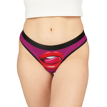Luxury women's thong featuring a playful graphic of luscious red lips with a tongue, ideal for cheeky gifting for romantic occasions such as Valentine's Day or birthdays.