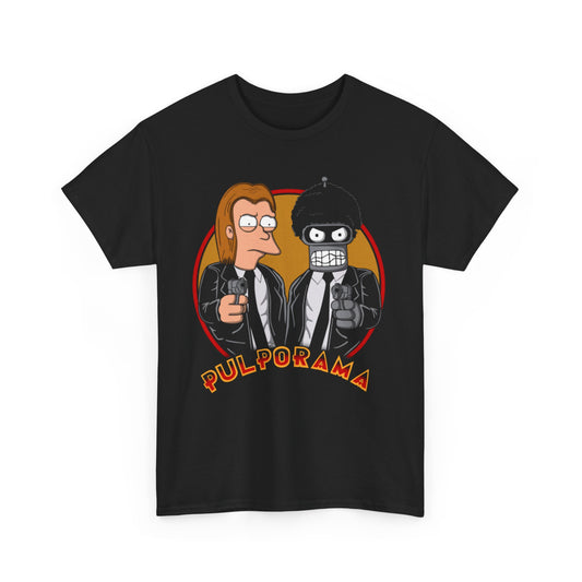 Futurama Pulp Fiction Unisex Mens Womens Graphic Funny T Shirt. Chic graphic tee showcasing beloved characters in formal attire, exuding retro vibes against a striking backdrop, ideal for trendsetters.