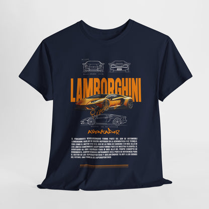 Artistic front view of a navy Lamborghini t-shirt, featuring vibrant designs and text celebrating the Aventador, perfect for enthusiasts.
