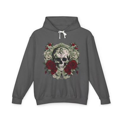 Unisex Lightweight Hooded Sweatshirt featuring a captivating skull and roses motif, elegantly shown in a sophisticated dark grey colour.