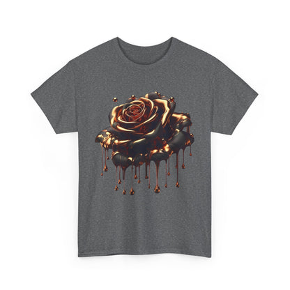 Front view of Close-Up Abstract Rose Unisex Cotton Tee Graphic T Shirt in dark grey, featuring an artistic depiction of an abstract rose with molten elements.