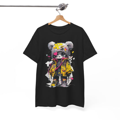 A black T-shirt artistically hung on a wooden hanger, presenting an original cartoon panda design infused with street style flair, ideal for fashionable statement wear.