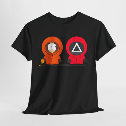 Squid Game South Park Unisex Men´s Women´s Graphic Cotton Funny T Shirt Tee featuring a mashup design with two characters, one in orange and the other in a Squid Game red suit, perfect statement piece for pop culture fans.