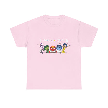 Inside Out Friends Humorous Graphic Unisex Tee Shirt in a delicate pink shade, portraying the beloved emotions characters with the charming word 'EMOTIONS' in a captivating design.