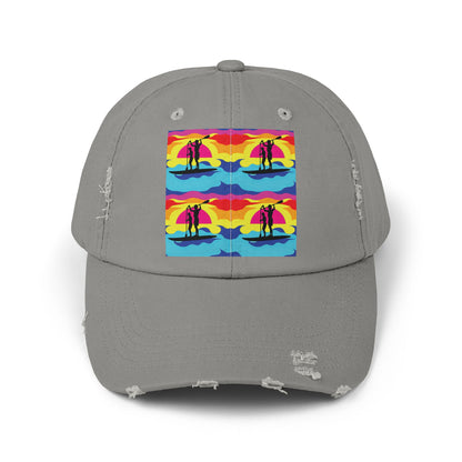 Unisex Distressed Paddleboarders Cap showcasing a vibrant fantasy design with paddleboarding imagery, perfect for sun protection and outdoor adventures.