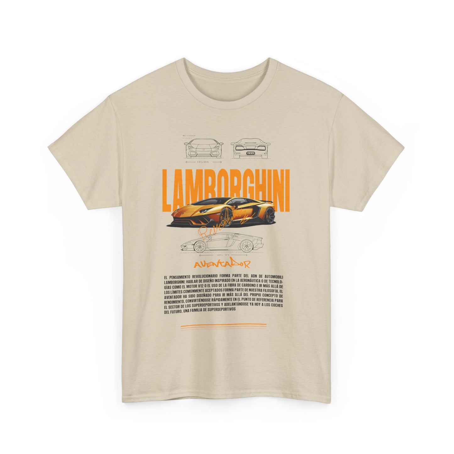 Front view of stylish beige Lamborghini Aventador graphic t-shirt for men, featuring captivating typography and iconic car design, ideal for high-fashion automotive fans.