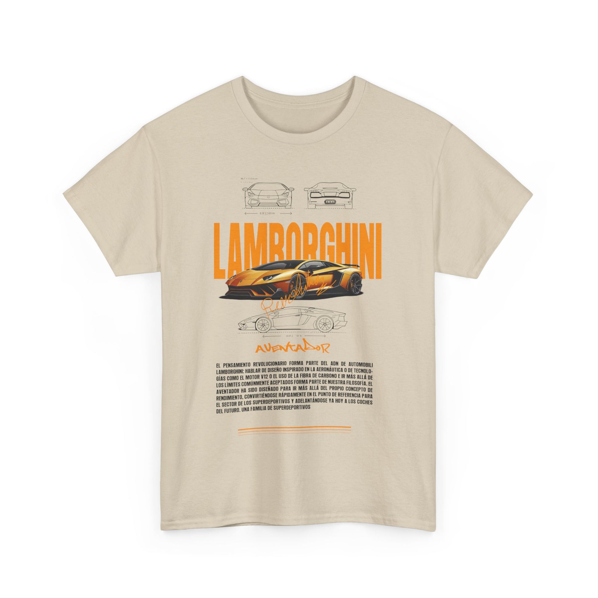 Front view of stylish beige Lamborghini Aventador graphic t-shirt for men, featuring captivating typography and iconic car design, ideal for high-fashion automotive fans.