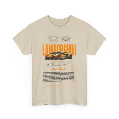 Front view of stylish beige Lamborghini Aventador graphic t-shirt for men, featuring captivating typography and iconic car design, ideal for high-fashion automotive fans.
