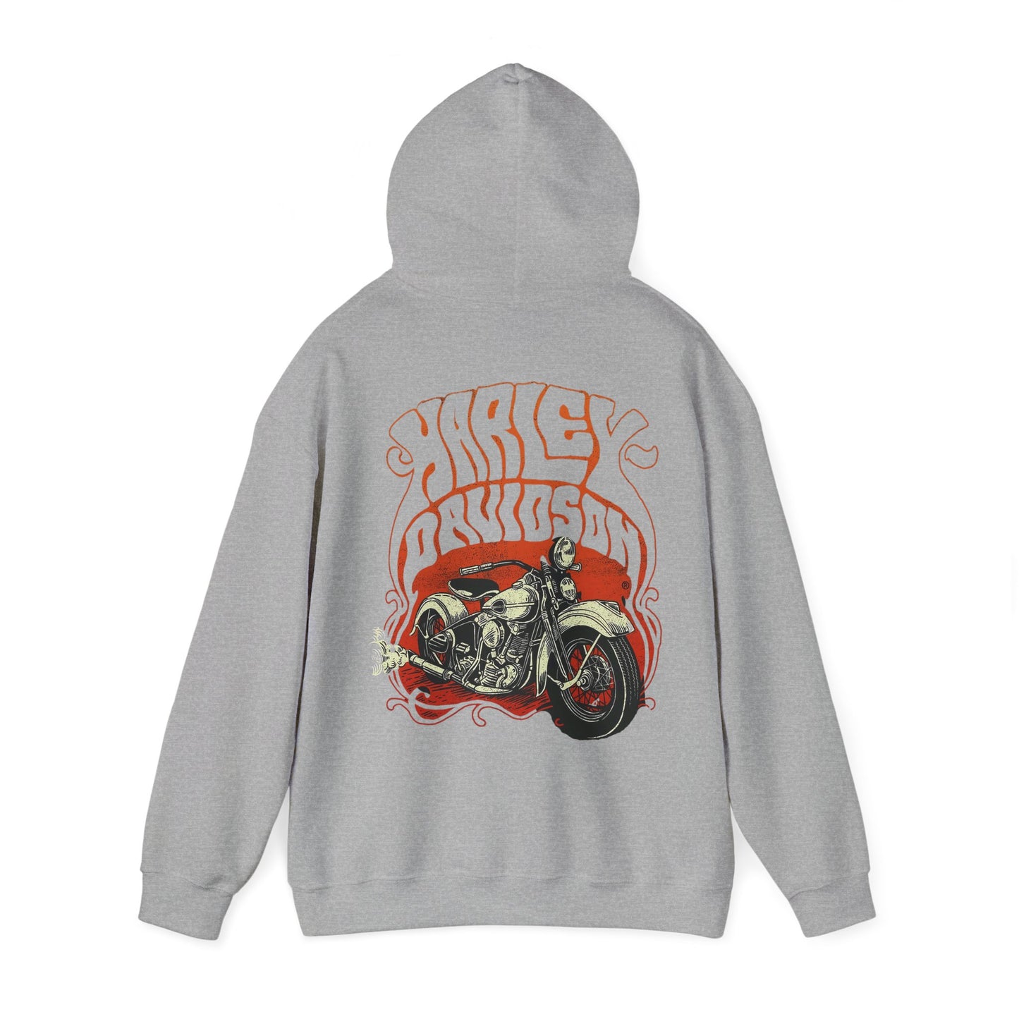 Stylish grey hoodie adorned with an artistic Harley Davidson motorcycle print, embodying a sense of adventure and timeless fashion.